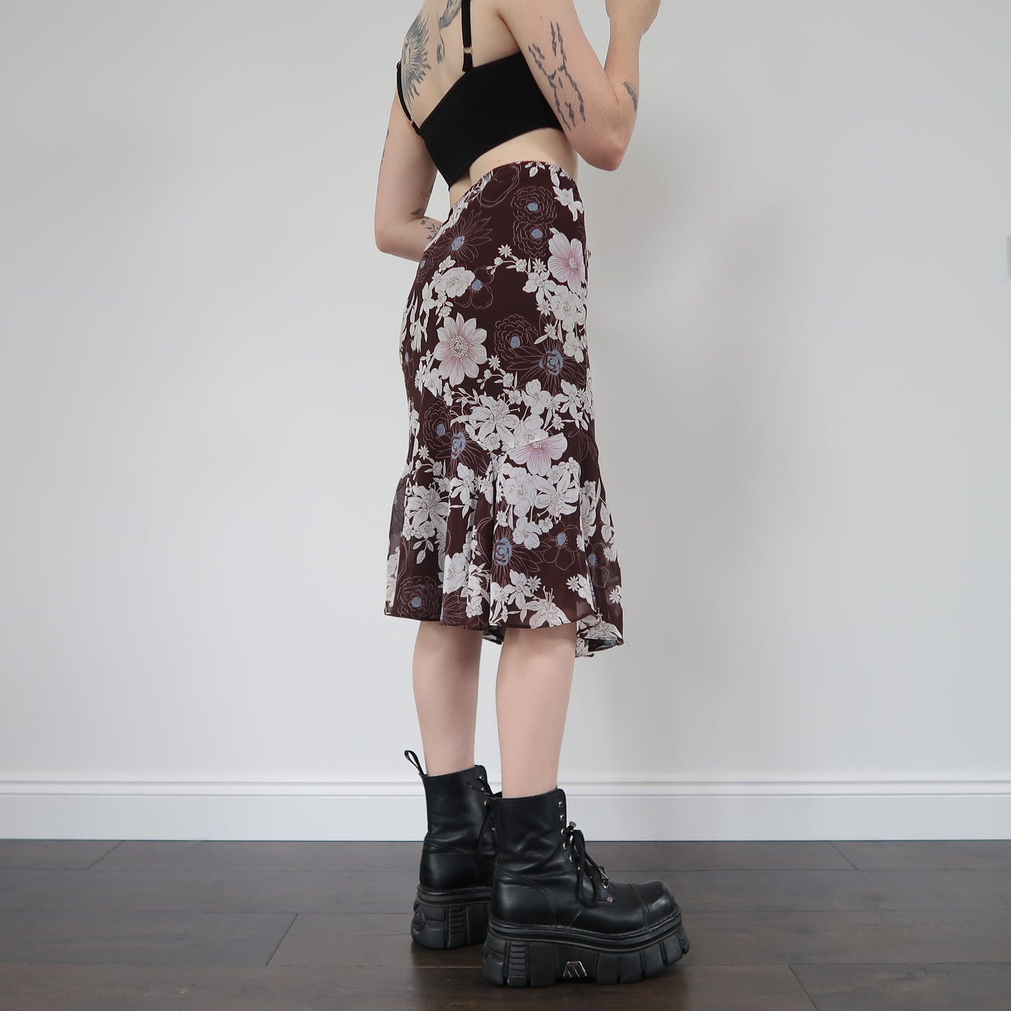 Brown floral midi skirt - size 14